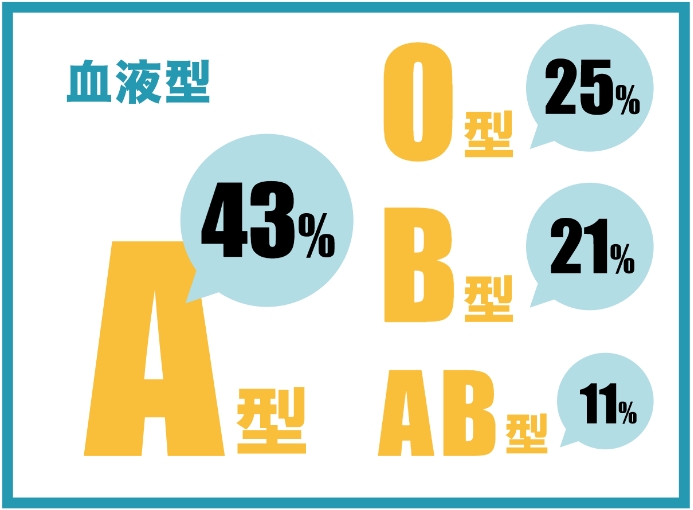 血液型　A型43％　O型25％　B型21％　AB型11%